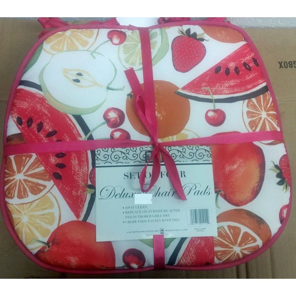 Set of 4 KITCHEN CHAIR PADS CUSHIONS w/ pink strings,COLORFUL FRUITS 15